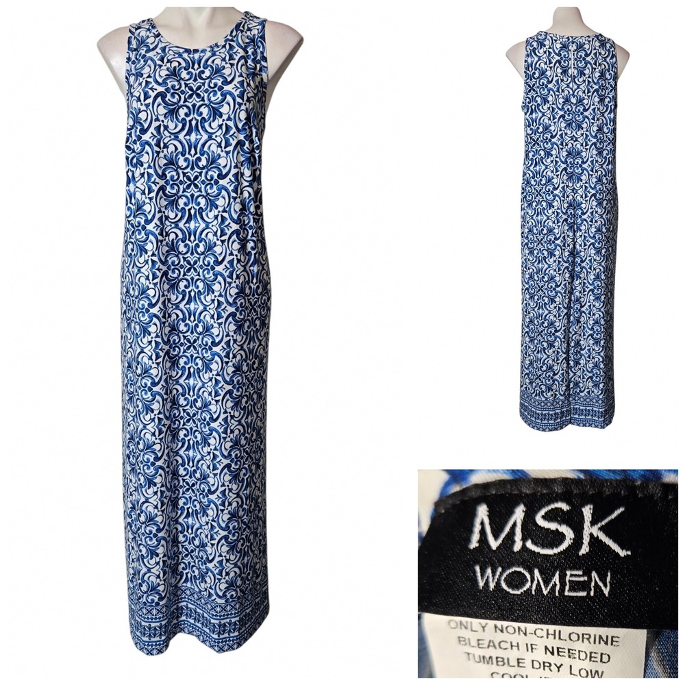 MSK Women Blue White Damask Scroll Sleeveless Maxi Dress 1X 2967938T